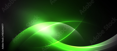 Abstract green lines create flowing shapes. Bright light emanates from center, contrasting dark background. Modern design.