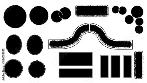 A black and white image showing various shapes and forms, including circles, rectangles, and curved lines.