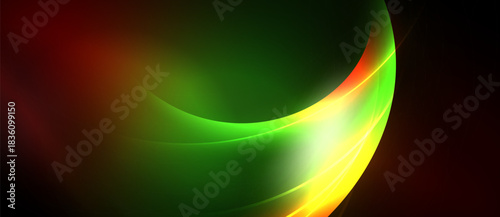 Abstract vibrant curves blend red, green, yellow hues. Smooth gradients create dynamic flowing visual effect. Dark background emphasizes luminosity.