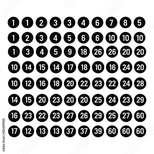 A grid of black circles each containing a white number, displaying a sequence of numbers