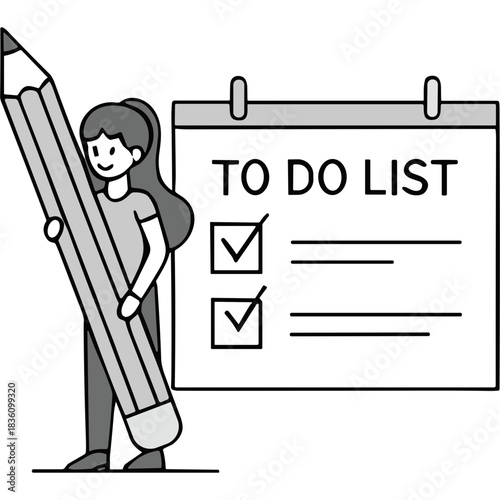 Young woman holding a large pencil stands next to a to do list calendar with two items checked off representing task completion and productivity