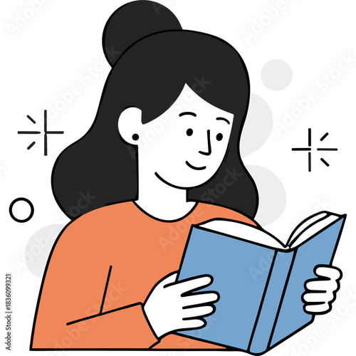 Young Woman Happily Reading A Book With Open Pages And Soft Lights In The Background Wearing An Orange Sweater With Her Hair Pulled Up
