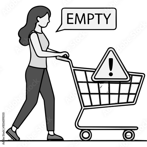 Young Woman Pushing Empty Shopping Cart with Exclamation Mark Alert Symbol and Empty Text Bubble