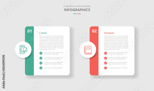 ebook vs digital book comparison for infographic with round box container with circle badge and list side badge drop shadow style with two point list information