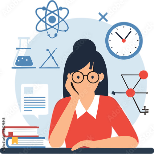Young Woman with Glasses Pondering Scientific Concepts Surrounded by Symbols of Education and Learning in a Bright Study Environment