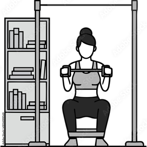 Young woman with hair bun in gray sports bra and black leggings sitting and exercising with resistance bands in a room with bookshelves and pull up bar in minimalist grayscale style