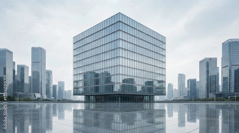 Fototapeta premium Modern glass cube building in a city skyline