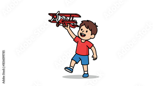 Boy Playing with Toy Airplane, Childhood Imagination and Fun.