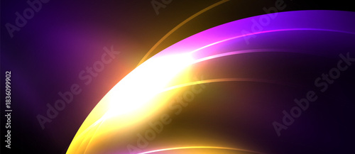 Abstract design features vibrant curves, gradients. Purple, yellow hues dominate dark background. Smooth transitions create dynamic visual effect.