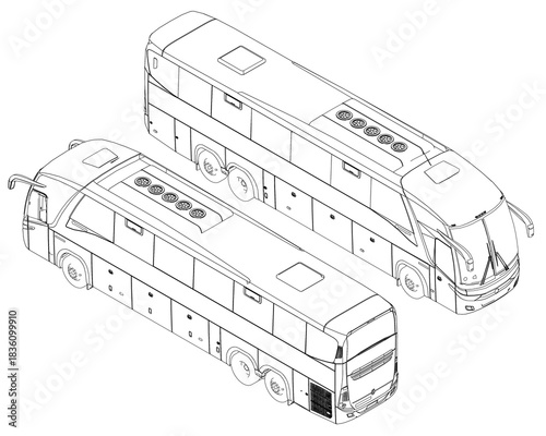 Two detailed bus contour drawings in a set, isolated on white. Each vehicle features unique shapes with clearly defined windows, doors, and wheels. Isometric view