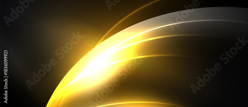 Abstract golden light curves radiate from bright center. Dark background creates dramatic visual contrast, smooth gradients present.