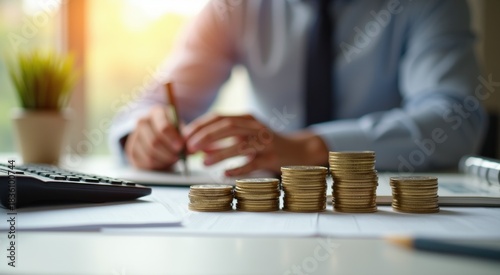 Man sitting at a desk with stacks of coins and a calculator