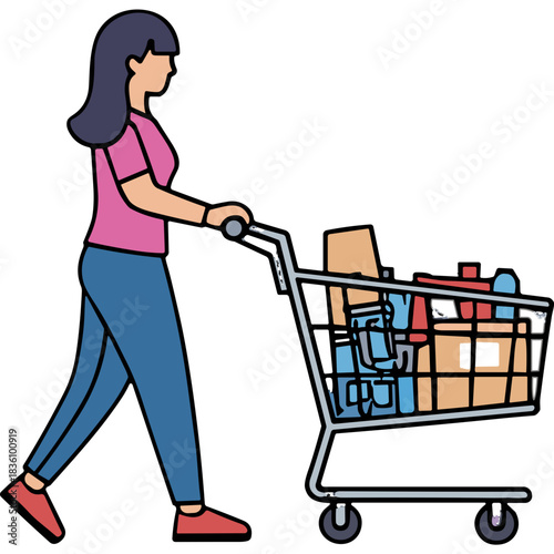 Woman Pushing Shopping Cart Filled With Groceries Towards the Right Side of the Frame Isolated on Black Background Minimalist Style Illustration