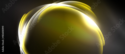 Golden swirl, abstract design. Soft light radiates from center, creating luminous effect against dark background. Smooth curves suggest motion.