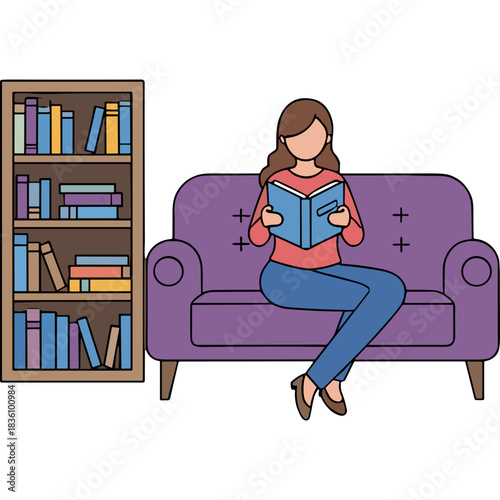 Woman Reading Book on Sofa Next to Bookshelf Cozy Indoor Scene Casual Lifestyle Leisure Activity Calm Relaxation Peaceful Moment Home Interior Knowledge Education Relaxation