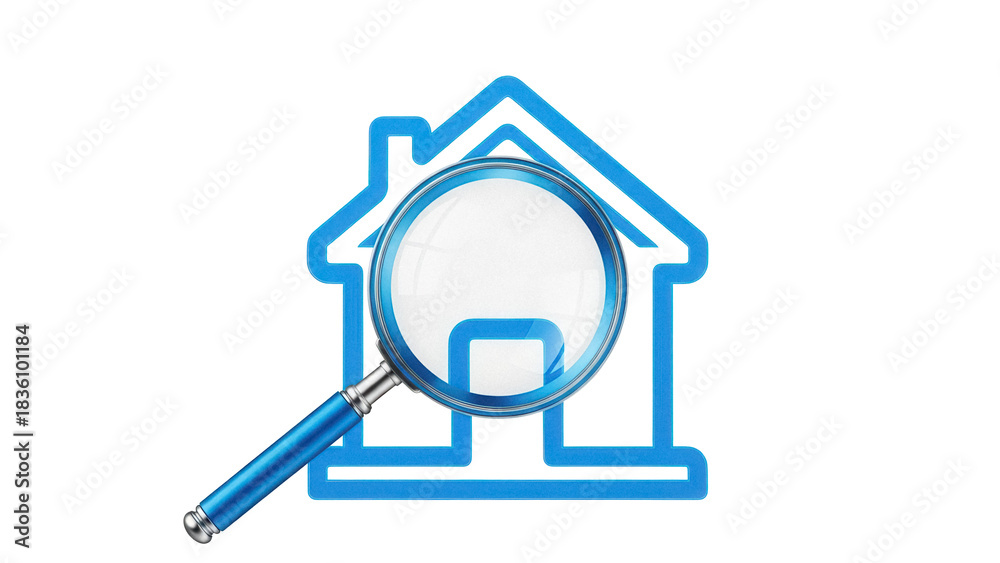 Obraz premium Blue house icon with magnifying glass isolated PNG, real estate search concept for property investment and home inspection on transparent background
