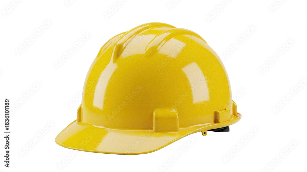 Fototapeta premium Yellow hard hat isolated PNG, construction worker safety helmet for building site, industrial work, and personal protective equipment