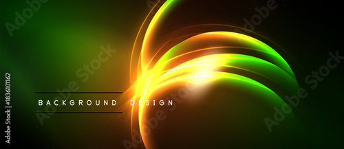 Abstract vibrant design features flowing curves, bright colors. Green, orange, yellow hues create dynamic visual effect. Dark background enhances luminosity.