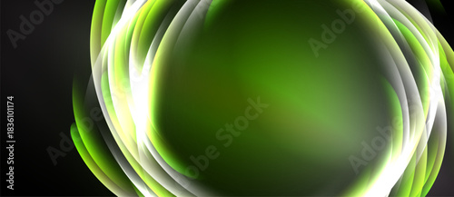 Abstract green waves, luminous layers create circular form. Dark background emphasizes bright center, smooth gradients visible.