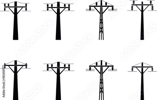 Utility pole and transmission tower silhouettes, power lines, insulators, electric grid, infrastructure diversity - flavector
