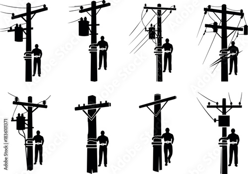 Utility pole silhouette collection, linemen working, transformers, insulators, power lines, black illustration, electrical grid maintenance – flavector