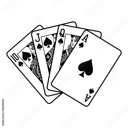 Aces and tens of spades playing cards fanned out on a white background, with spades symbols prominently displayed.