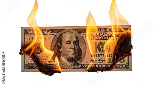 Burning one hundred dollar bill isolated PNG, US currency on fire for financial crisis or economic recession concept
