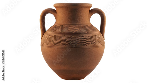 Ornate terracotta amphora PNG isolated on transparent background, ancient Greek vase with handles and geometric pattern, pottery for historical design