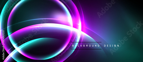 Abstract neon lights create vibrant circular shapes. Purple, teal, white glow radiates from center, forming dynamic background.