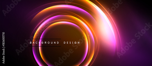 Abstract neon circles radiate vibrant orange, purple hues. Dark background emphasizes glowing concentric rings, modern design element.