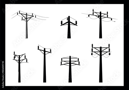 Utility pole silhouettes, crossarms, insulators, power lines, telecom structures, electric grid, infrastructure diversity - flavector