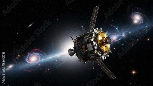 Cosmic Voyager: A detailed spacecraft glides through the inky expanse of space, embarking on a celestial journey, surrounded by distant galaxies and celestial wonders. 
