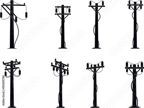Utility pole silhouettes, crossarms, insulators, wire configurations, telecom and power lines, infrastructure diversity - flavector