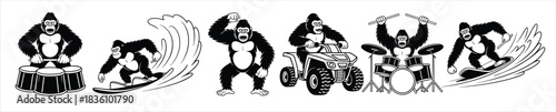 bundle black and white cartoon gorillas engaged in various 