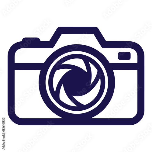 Icon of a dark blue camera with an aperture shown in the lens, symbolizing photography.