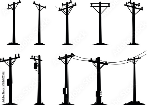 WUtility pole silhouettes, transformers, crossarms, insulators, power lines, electric grid, structural diversity, infrastructure network - flavector
