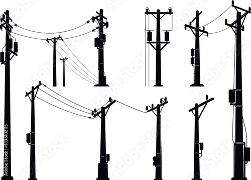 Utility pole silhouettes, transformers, insulators, power lines, electricity infrastructure, urban grid, telecom network - flavector