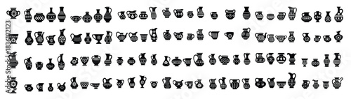 Collection of black ceramic pottery silhouettes with patterns