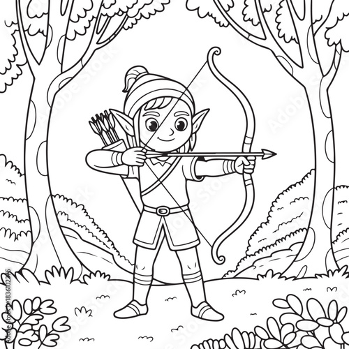 Cute elf archer aiming bow and arrow in forest coloring page