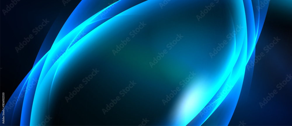 Fototapeta premium Abstract blue waves, flowing curves, dark background. Smooth gradients create dynamic visual effect. Light source emanates from center.