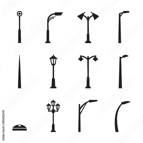 street lamp, lamp post, street light icon, silhouette lamp, black lamp vector, urban lighting, city lamp post, lamp silhouette set, streetlight bundle, vector lamp design, outdoor lamp icon, minimal l