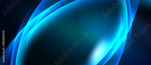 Abstract blue waves, flowing curves, dark background. Smooth gradients create dynamic visual effect. Light source emanates from center.