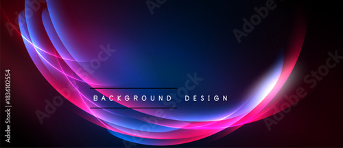 Abstract design features vibrant curves, gradients. Blue, pink, red hues create dynamic visual effect. Text reads background design.