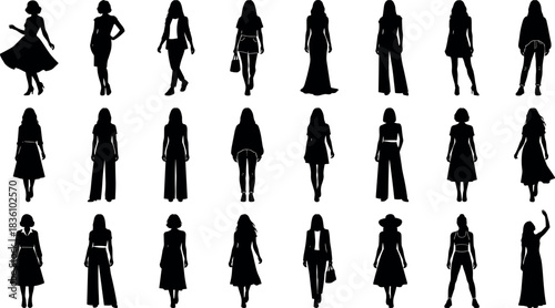 Women silhouette, fashion pose, style grid, clothing variety, black vector, elegance, posture, model art - flavector