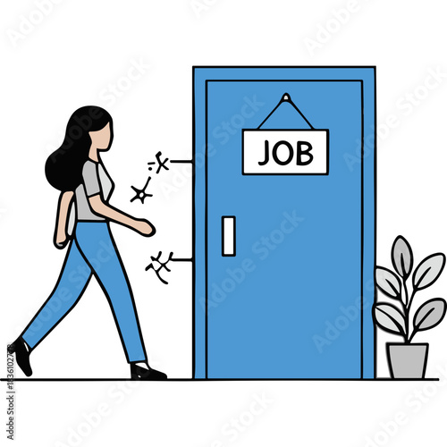 Woman Walking Towards a Blue Door with a JOB Sign Looking for Employment Opportunity Career Change or New Beginning in a Simple Flat Design Style