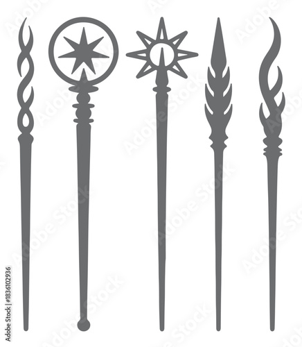  five gray silhouette wands with unique ornate tops star
