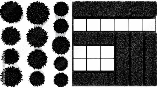 Overhead view of a garden with trees and a paved area with square tiles.