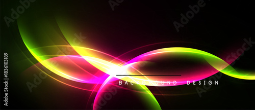 Abstract neon waves, vibrant colors, dark background. Dynamic curves create modern visual effect. Smooth gradients, energy, illumination.