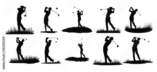 Black silhouette golf players swinging clubs on grass