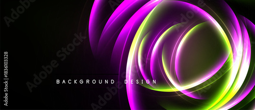 Abstract flowing layers, vibrant purple, green hues. Dynamic light creates circular motion, dark background. Modern design element.